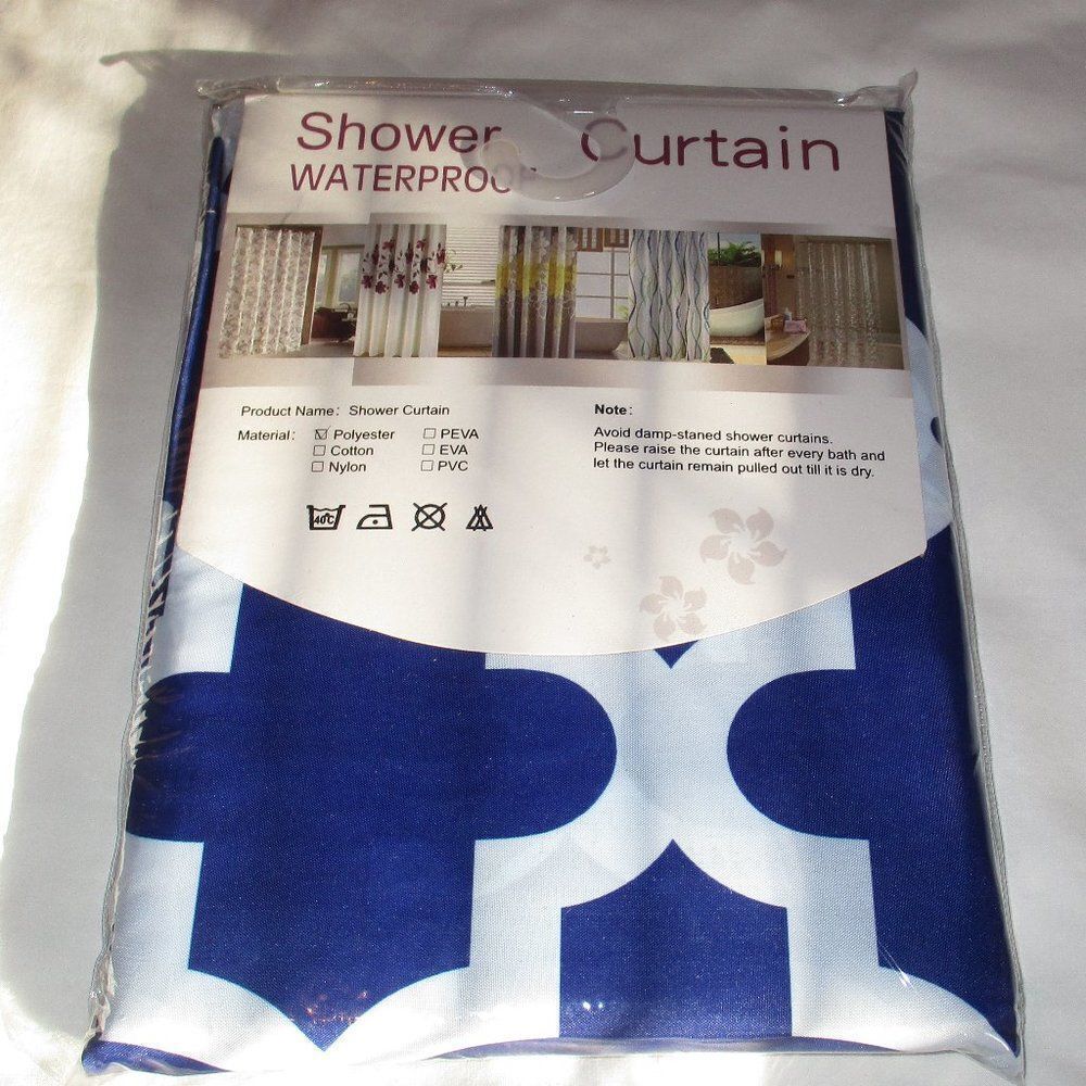 Waterproof Bathroom Shower Curtain w Hooks Set Polyester Moroccan Blue 72 X 72